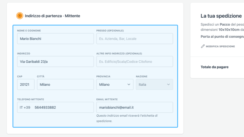 Inserisci i dati della spedizione